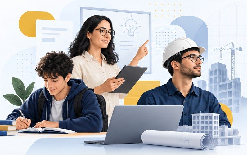 Estudiante, docente e ingeniero trabajando juntos